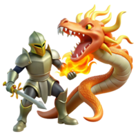 serene vintage A brave knight in shining armor, battling a monstrous hydra, lit by the fiery breath of the beast. Chivalric romance style original png