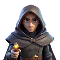 serene traditional A cunning rogue with a hooded cloak and daggers at the ready, lurking in the shadows, lit by a single ray of moonlight. Noir fantasy style premium png
