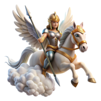 serene minimalist A fierce Valkyrie with winged helmet and spear, riding a majestic pegasus through the clouds. Norse mythology style original png