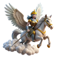 extraordinary modern A fierce Valkyrie with winged helmet and spear, riding a majestic pegasus through the clouds. Norse mythology style premium png
