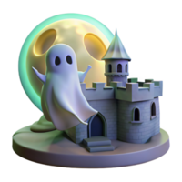 dramatic minimalist A melancholic ghost with translucent form, floating through a ruined castle, lit by the spectral glow of the moon. Gothic horror style authentic png