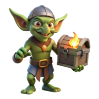 dramatic modern A mischievous goblin with pointed ears and sharp claws, holding a stolen treasure chest, illuminated by the flickering light of a campfire. Folklore style original png