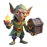 magnificent traditional A mischievous goblin with pointed ears and sharp claws, holding a stolen treasure chest, illuminated by the flickering light of a campfire. Folklore style premium png