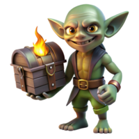 impressive contemporary A mischievous goblin with pointed ears and sharp claws, holding a stolen treasure chest, illuminated by the flickering light of a campfire. Folklore style original png