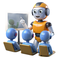 elegant rustic A robot teacher instructing students in a virtual classroom, illuminated by screen light, in an educational style high resolution png