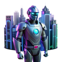 Maravilhoso minimalista uma robô segurança guarda patrulhando uma futurista cidade, iluminado de néon luzes, dentro uma cyberpunk estilo profissional png