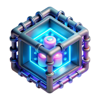 sereno rustico un' quantistico computer nucleo radiante vivace neon luce, complesso circuiteria e raggiante nodi visibile entro trasparente involucro, buio ambientale illuminazione, bioluminescente stile autentico png