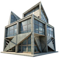 stunning minimalist Deconstructivist office building, sharp angles, intersecting planes, concrete and steel materials, overcast sky, gritty and industrial, 4k, professional png