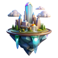 dramatic traditional Floating island city, futuristic architecture, waterfalls cascading down the sides, vibrant colors, sunbeams piercing through the clouds, digital art, high resolution png