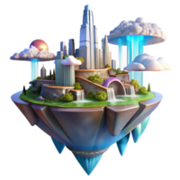 magnificent rustic Floating island city, futuristic architecture, waterfalls cascading down the sides, vibrant colors, sunbeams piercing through the clouds, digital art, genuine png