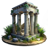 elegant classic Ruined ancient temple overgrown with vegetation, crumbling stone columns, soft moonlight, mysterious and evocative, photorealistic, premium png