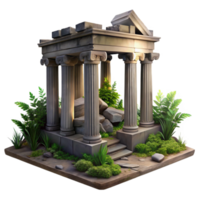 vibrant vintage Ruined ancient temple overgrown with vegetation, crumbling stone columns, soft moonlight, mysterious and evocative, photorealistic, high resolution png