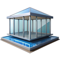beautiful rustic Modernist glass and steel pavilion, minimalist design, reflecting pool, clear blue sky, sharp lines and geometric shapes, architectural photography, authentic png