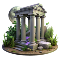 impressive contemporary Ruined ancient temple overgrown with vegetation, crumbling stone columns, soft moonlight, mysterious and evocative, photorealistic, high quality png