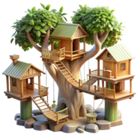 extraordinary creative Treehouse village interconnected by rope bridges, intricate wooden structures, dappled sunlight filtering through the leaves, whimsical, Ghibli-inspired, professional png
