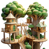 impressive rustic Treehouse village interconnected by rope bridges, intricate wooden structures, dappled sunlight filtering through the leaves, whimsical, Ghibli-inspired, detailed png