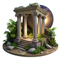 beautiful contemporary Ruined ancient temple overgrown with vegetation, crumbling stone columns, soft moonlight, mysterious and evocative, photorealistic, premium png