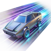 beautiful creative A futuristic vehicle speeding through a digital landscape, trails of light marking its path, dynamic lighting, cyberpunk style high resolution png