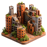 magnificent creative Post-apocalyptic cityscape, crumbling buildings, overgrown with vines, rusty metal structures, orange and brown color palette, desolate and eerie, original png