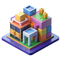 beautiful rustic Isometric projection of a complex modular building system, vibrant colors, abstract geometric shapes, playful and dynamic, architectural illustration, professional png