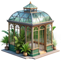 stunning traditional Victorian greenhouse, ornate glass and iron structure, lush tropical plants, soft diffused light, elegant and botanical, high quality png