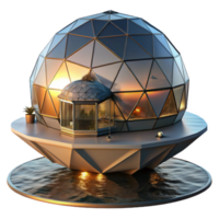 extraordinary abstract Floating geodesic dome home, minimalist design, panoramic views of the ocean, sunset lighting, serene and futuristic, 4K png