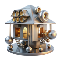 beautiful artistic Kinetic sculpture that transforms into a dwelling, intricate moving parts, metallic materials, dynamic lighting, futuristic and innovative, detailed png