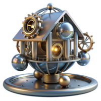 wonderful artistic Kinetic sculpture that transforms into a dwelling, intricate moving parts, metallic materials, dynamic lighting, futuristic and innovative, detailed png