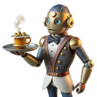 dramatic vintage A steampunk robot butler, holding a silver tray with a steaming cup of tea, intricate gears and pipes visible on its body, warm, inviting lighting authentic png