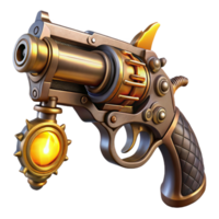 vibrant classic A detailed illustration of a steampunk pistol, ornate engravings and intricate gears, gleaming in the light of a flickering gas lamp high resolution png