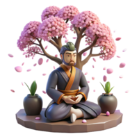 magnificent vintage A samurai warrior meditating under a cherry blossom tree, petals falling gently around him, lit by soft moonlight, in the style of a Japanese woodblock print authentic png