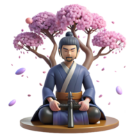 elegant vintage A samurai warrior meditating under a cherry blossom tree, petals falling gently around him, lit by soft moonlight, in the style of a Japanese woodblock print authentic png