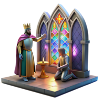 dramatic rustic A medieval knight kneeling before a king in a grand castle hall, stained glass windows casting colorful light across the scene, in the style of a medieval tapestry professional png