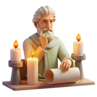 vibrant modern An ancient Greek philosopher deep in thought, surrounded by scrolls and parchments, lit by the soft glow of a candle, in the style of a classical Greek sculpture 4K png