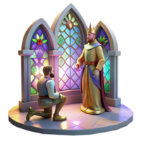 wonderful vintage A medieval knight kneeling before a king in a grand castle hall, stained glass windows casting colorful light across the scene, in the style of a medieval tapestry high quality png