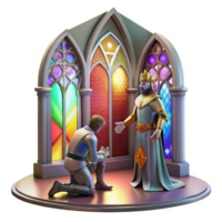 vibrant modern A medieval knight kneeling before a king in a grand castle hall, stained glass windows casting colorful light across the scene, in the style of a medieval tapestry 4K png