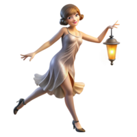 wonderful minimalist A young woman in flapper attire dancing the Charleston in a smoky speakeasy, lit by the dim glow of a single lamp, in the style of an Art Deco poster exclusive png