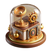 beautiful modern A steampunk music box, playing a melancholic melody, intricate gears and levers visible through a glass panel, soft, warm lighting high resolution png
