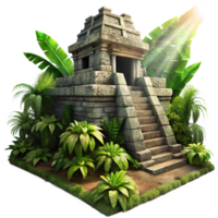 serene artistic An ancient Mayan temple overgrown with jungle vegetation, sunlight streaming through the crumbling stonework, in the style of a photorealistic rendering exclusive png