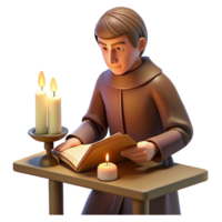 stunning artistic A medieval monk illuminating a manuscript in a dimly lit scriptorium, his face illuminated by the flickering light of a candle, in the style of a medieval miniature professional png