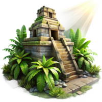 dramatic creative An ancient Mayan temple overgrown with jungle vegetation, sunlight streaming through the crumbling stonework, in the style of a photorealistic rendering 4K png