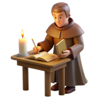 extraordinary artistic A medieval monk illuminating a manuscript in a dimly lit scriptorium, his face illuminated by the flickering light of a candle, in the style of a medieval miniature premium png