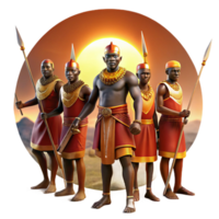 magnificent creative A group of African warriors preparing for battle, adorned in traditional garb and wielding spears, lit by the setting sun, in the style of a historical painting authentic png