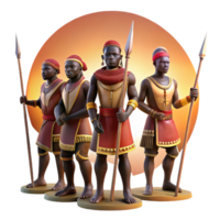 vibrant artistic A group of African warriors preparing for battle, adorned in traditional garb and wielding spears, lit by the setting sun, in the style of a historical painting high resolution png