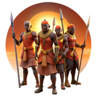 elegant minimalist A group of African warriors preparing for battle, adorned in traditional garb and wielding spears, lit by the setting sun, in the style of a historical painting exclusive png