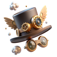 wonderful contemporary A steampunk top hat, adorned with gears, goggles, and miniature wings, floating in mid-air, soft, diffused lighting detailed png