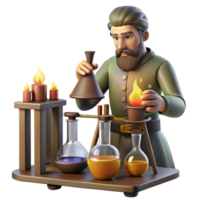 wonderful modern A medieval alchemist working in his laboratory, surrounded by beakers and flasks, lit by the flickering light of a fire, in the style of a Renaissance painting 4K png