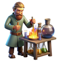 impressive rustic A medieval alchemist working in his laboratory, surrounded by beakers and flasks, lit by the flickering light of a fire, in the style of a Renaissance painting original png