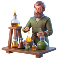 serene vintage A medieval alchemist working in his laboratory, surrounded by beakers and flasks, lit by the flickering light of a fire, in the style of a Renaissance painting detailed png