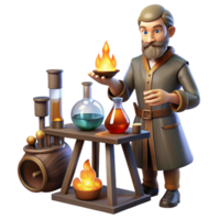 serene abstract A medieval alchemist working in his laboratory, surrounded by beakers and flasks, lit by the flickering light of a fire, in the style of a Renaissance painting 4K png